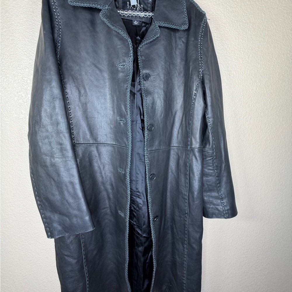 Tryst New York Women Button Front Long Black Leather Coat